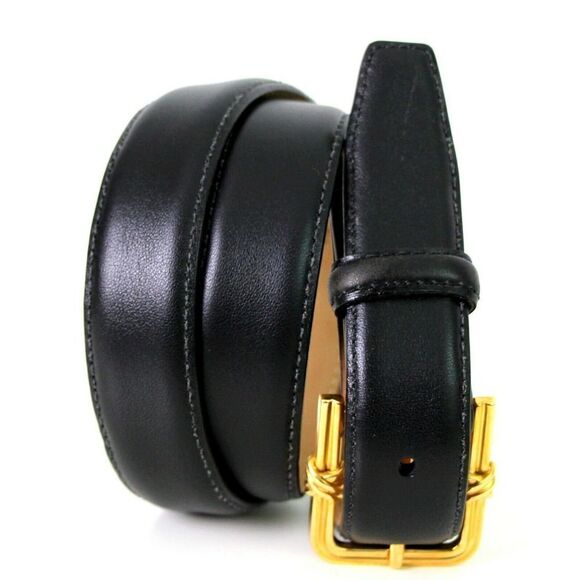 AUTH TIFFANY 1992 SOLID 18K 750 22g GOLD BUCKLE BLACK LEATHER SKINNY BELT 28 USA - Picture 8 of 12